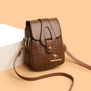 Brown woven leather crossbody phone bag with double zipper and adjustable strap