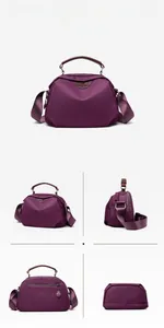 Detailed multi-angle views of a purple nylon crossbody bag showing all sides and strap