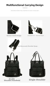Detail view of detachable straps and hardware for quilted nylon multi-way backpack