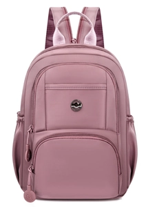 Versatile dusty pink nylon travel backpack with multiple compartments and a metal logo