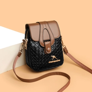 Fashionable woven crossbody phone bag with brown leather flap and golden kangaroo logo