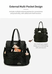 Detail of lightweight quilted nylon backpack showing anti-theft back pocket and side pockets