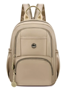 Versatile khaki multi-pocket travel backpack for men and women with metal logo charm