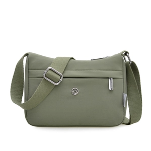 Olive green lightweight waterproof nylon crossbody bag with adjustable wide shoulder strap