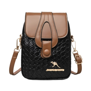 Woven leather crossbody bag in black and brown with golden kangaroo logo detail