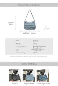 Detailed size chart and specifications for multi-pocket denim shoulder bag with dimensions