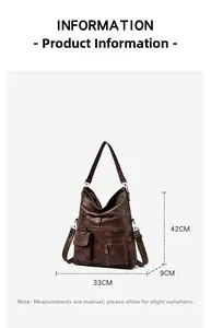 Detailed size chart for the retro brown PU leather tote bag with functional pockets