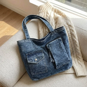 Washed Denim Tote Bag For Women Large Capacity Multi Pocket Shoulder Handbag Retro Casual Streetwear Daily Use