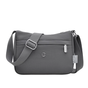 Waterproof nylon crossbody bag in dark grey with adjustable strap and multiple layers