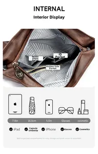 Internal compartments of the brown leather tote bag showing organized storage space