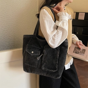 Large capacity washed black denim tote bag with functional pockets for women's daily use