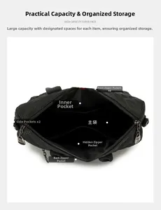 Top view of nylon backpack showing multi-pocket interior storage and metal zippers