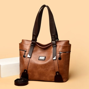Brown lychee pattern PU leather large tote bag with top handle and shoulder straps