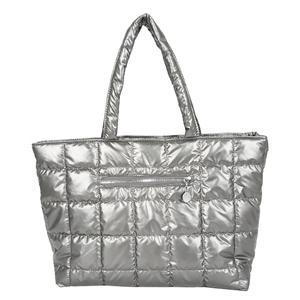 Chic silver oversized tote bag featuring square quilting and high-gloss metallic finish