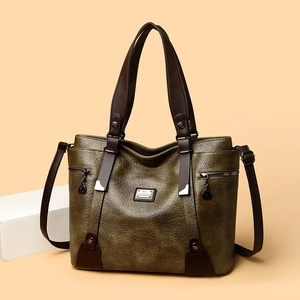 Retro olive green leather tote bag with brown handles and large capacity design