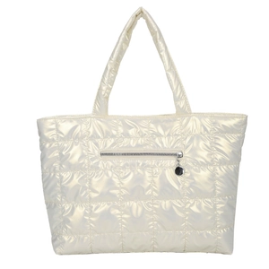 Champagne white quilted tote bag with metallic finish and large capacity