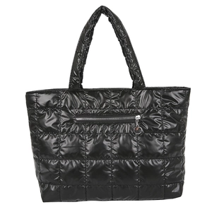 Black quilted puffer tote bag with glossy finish and silver front zipper pocket