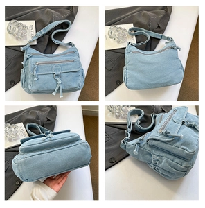 Detailed four-way view of light blue denim multi-pocket shoulder bag with zippers