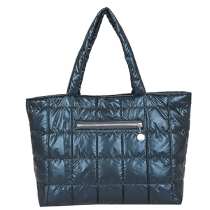 Large navy blue quilted nylon tote bag with front zipper and metallic finish texture