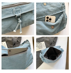 Detail view of denim shoulder bag pockets, zippers and interior compartment capacity