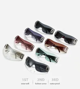 Detailed grid of Y2K shield sunglasses showing rhinestone accents and colorful lenses