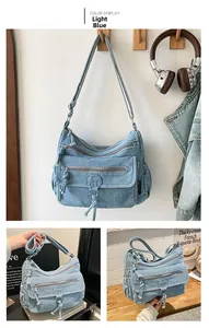 Detail of light blue denim hobo bag featuring multiple functional zipper pockets