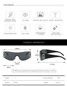 Detailed sizing chart and technical specifications for Y2K UV400 fashion sunglasses