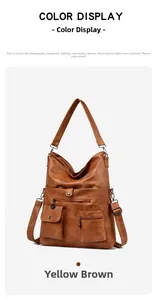 Flat lay of vintage tan PU leather tote bag with multiple pockets and zipper details