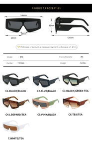 Detailed size chart for oversized shield sunglasses featuring frame dimensions and measurements