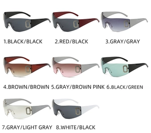 Detailed view of Y2K shield sunglasses showing eight trendy color options and metallic accents