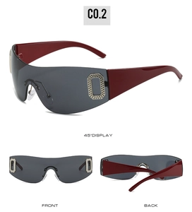 Three-view display of Y2K sunglasses with translucent grey lenses and wine red temples