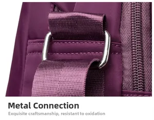 Detail of purple nylon bag showing metal rings, high-density webbing, and fine stitching