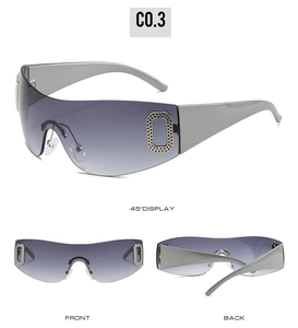 Detailed multi-angle view of silver Y2K oversized wrap sunglasses with rhinestone details