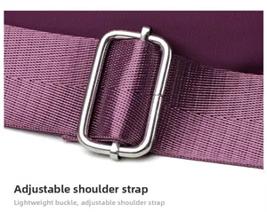 Detail of adjustable purple oxford strap with a durable silver metal rectangle buckle