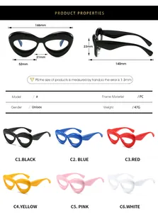 Tableau des tailles détaillé pour montures de lunettes PC tendance avec options couleurs