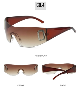 Detail view of burgundy Y2K sunglasses with side crystals and brown gradient lenses