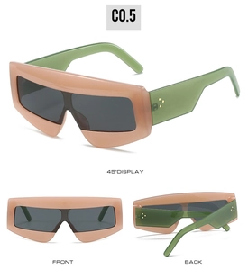 Three-angle view of oversized shield sunglasses with rivets and matte pink frame detail