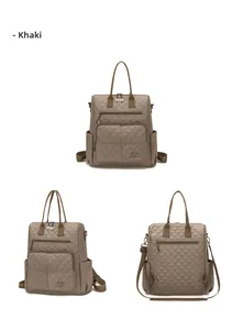 Three-view detail of khaki quilted nylon backpack showing front pockets and side storage