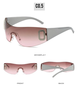 Three-way view of pink gradient Y2K sunglasses with silver rivet accents and grey temples