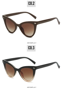 Détail de lunettes de soleil œil de chat avec rivets argentés et montures marron et noir