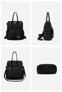Detailed four-way view of black quilted nylon backpack with golden kangaroo logo
