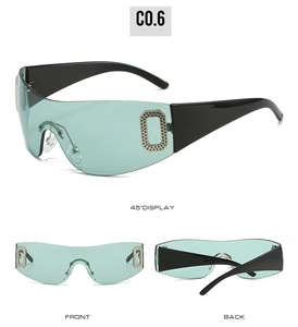 Three-angle display of Y2K wrap-around sunglasses with green lenses and crystal O-ring trim