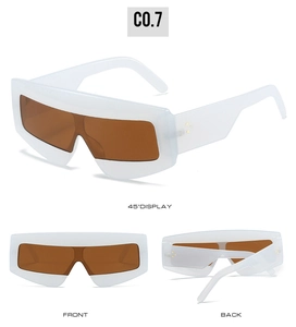 Detailed views of white oversized sunglasses with rivets and dark brown lenses