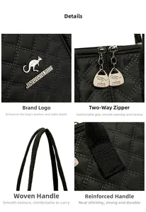 Detail of quilted nylon bag with metal kangaroo logo and dual silver zippers