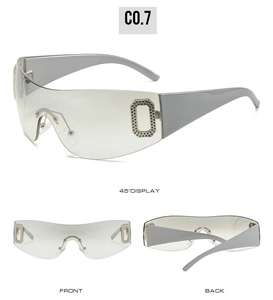 Three perspectives of Y2K oversized sunglasses with silver frames and rhinestone details