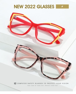Macro view of cat eye TR90 frame hinges and CE certified temple detail on glasses