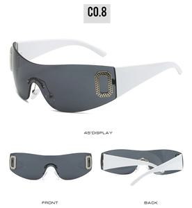 Three views of Y2K sunglasses with white frames, grey lenses and metal accents