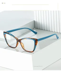 Detail of cat-eye glasses frame featuring tortoiseshell upper and blue transparent temples