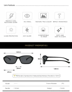 Tabella taglie e dettagli lenti UV400 degli occhiali da sole neri unisex in stile Y2K