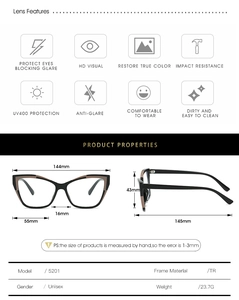 Detailed size specifications of TR90 cat eye blue light blocking glasses frame in 5201 model